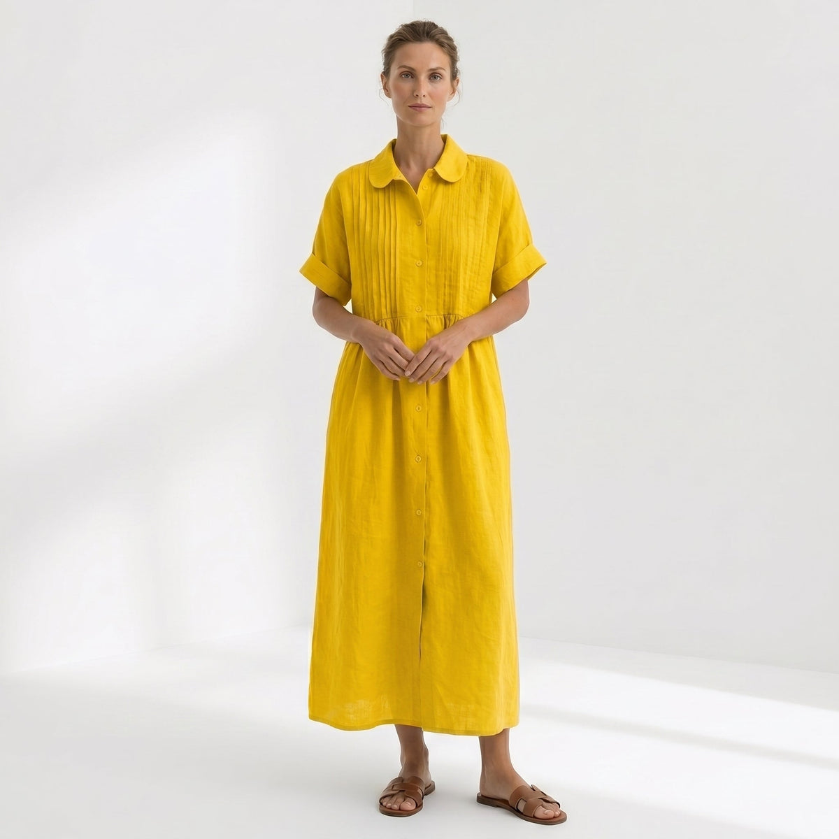 Vestido Camisero de Lino Plisado Largo para Mujer