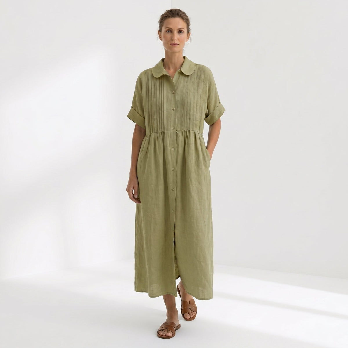 Vestido Camisero de Lino Plisado Largo para Mujer