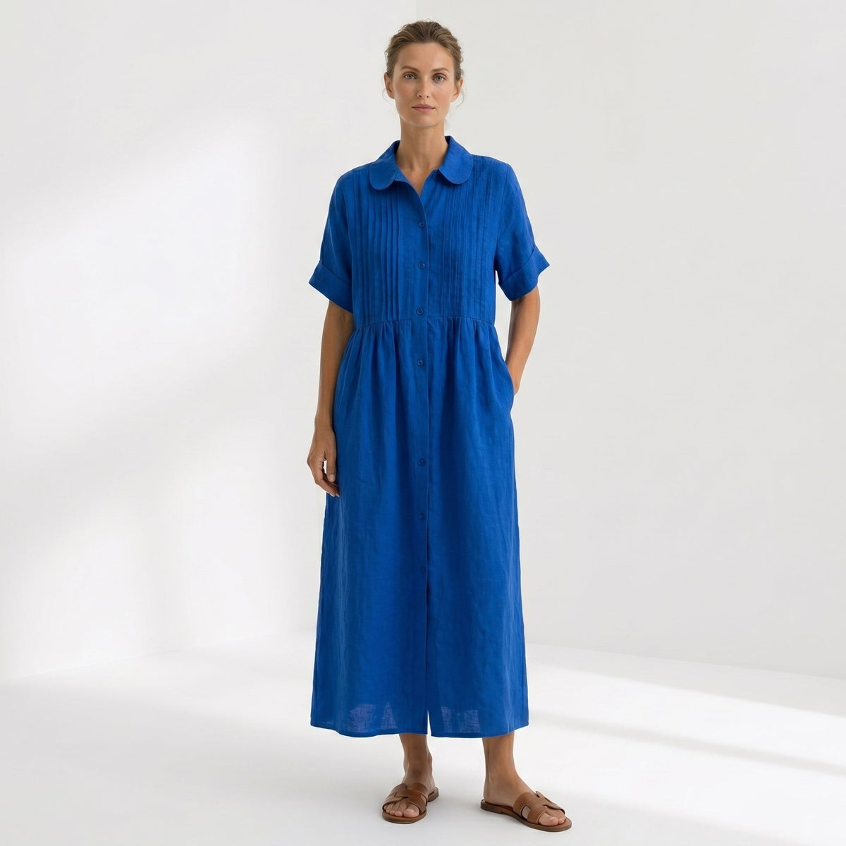 Vestido Camisero de Lino Plisado Largo para Mujer