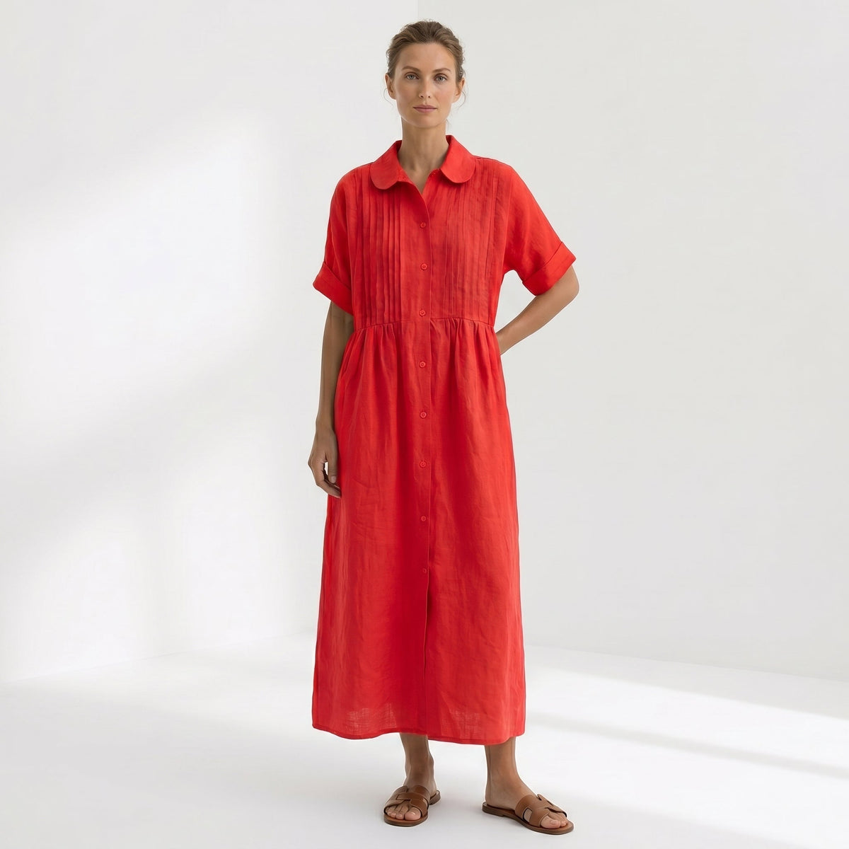 Vestido Camisero de Lino Plisado Largo para Mujer