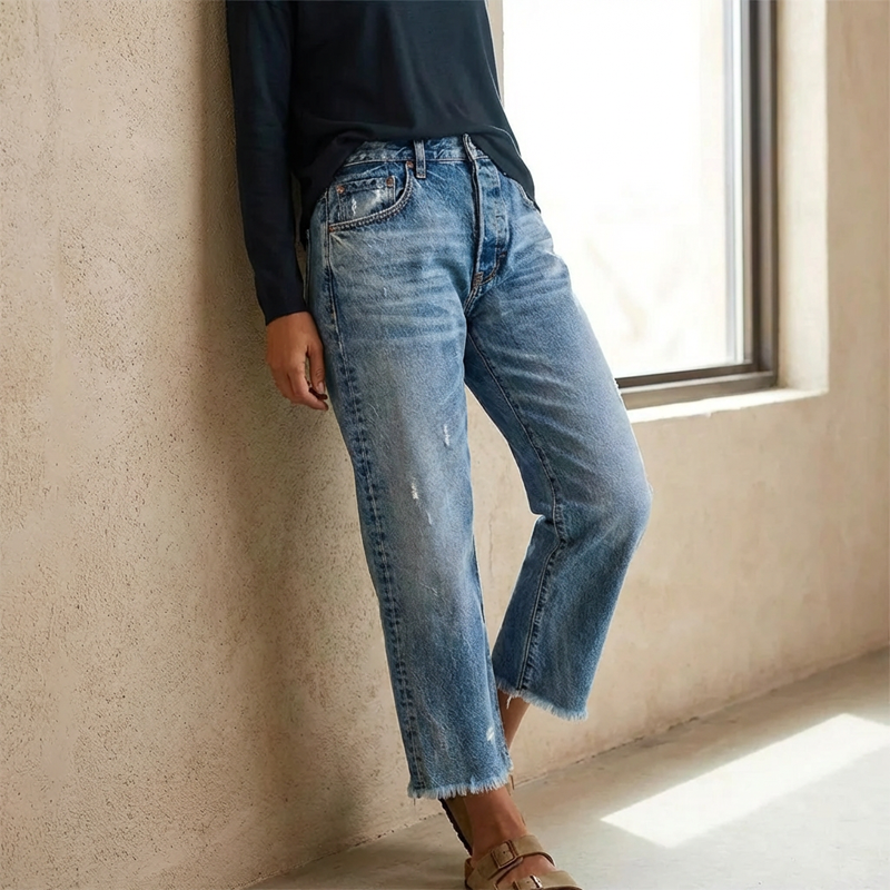Marisol Mujer Jeans Rectos Destroyed Cintura Alta Cropped