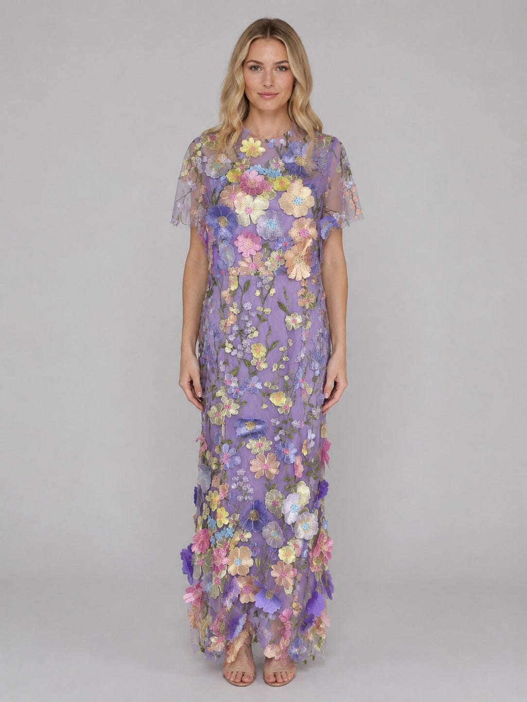 Vestido Largo de Invitada Bordado Floral 3D con Manga Corta