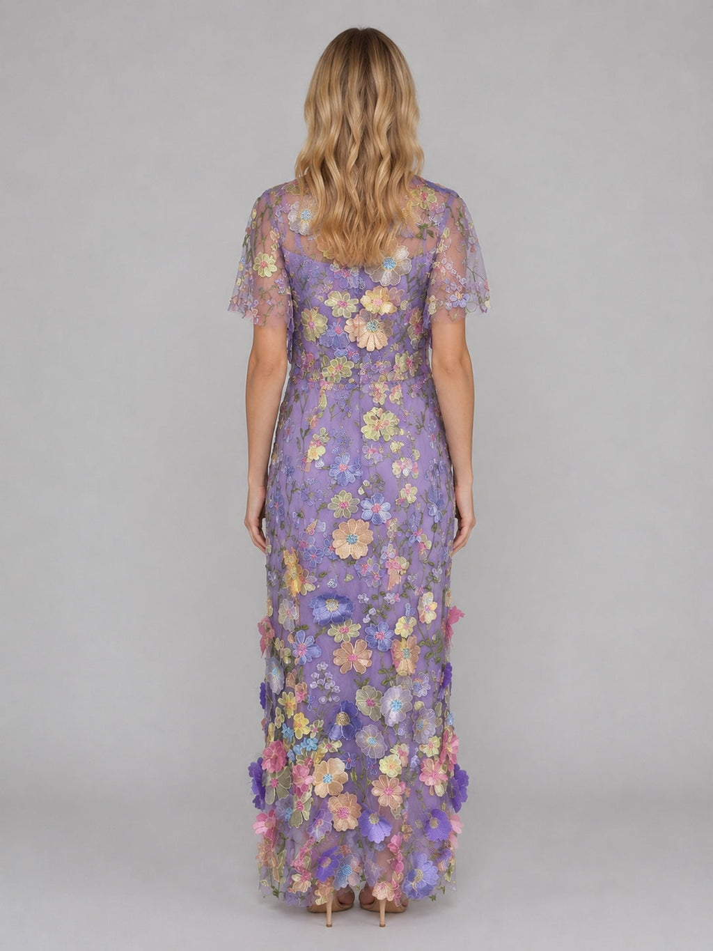 Vestido Largo de Invitada Bordado Floral 3D con Manga Corta