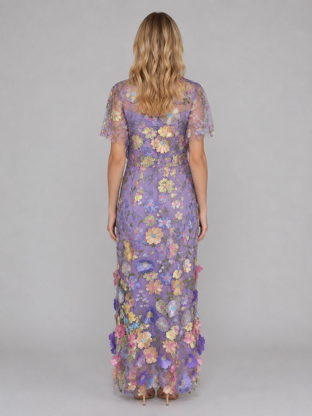 Vestido Largo de Invitada Bordado Floral 3D con Manga Corta