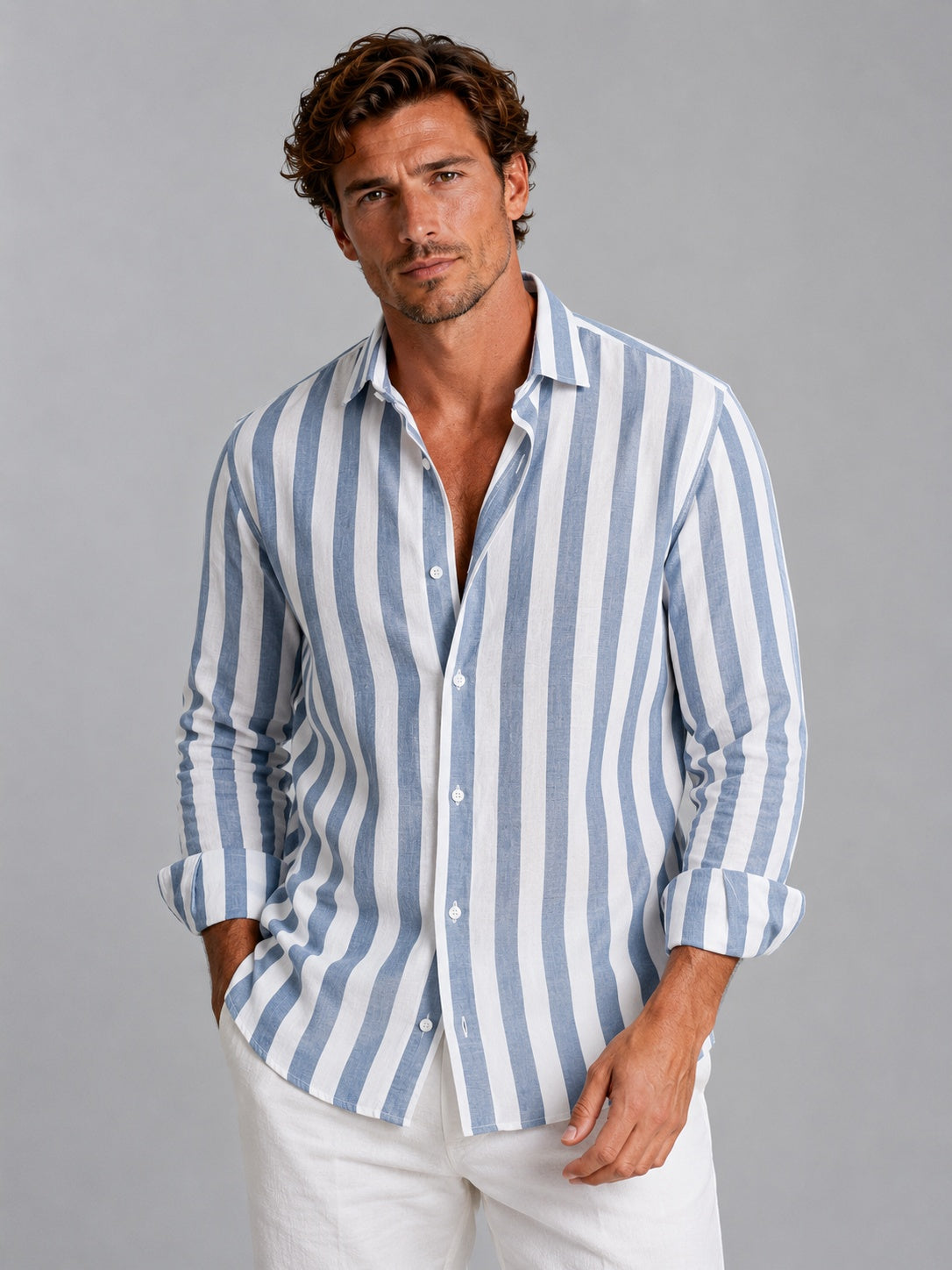 Raya Mediterránea | Camisa de Lino de Manga Larga Hombre Rayas