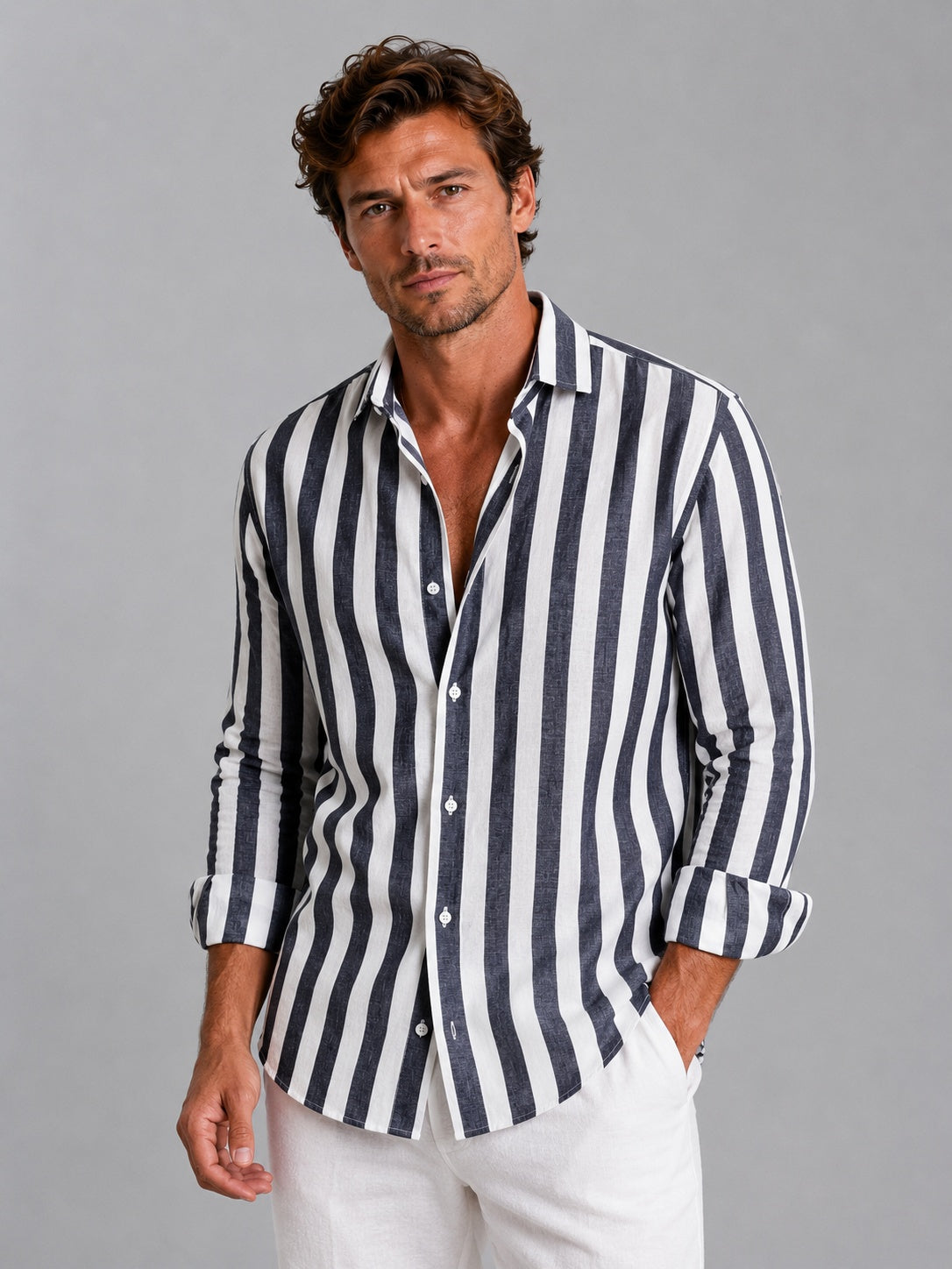 Raya Mediterránea | Camisa de Lino de Manga Larga Hombre Rayas