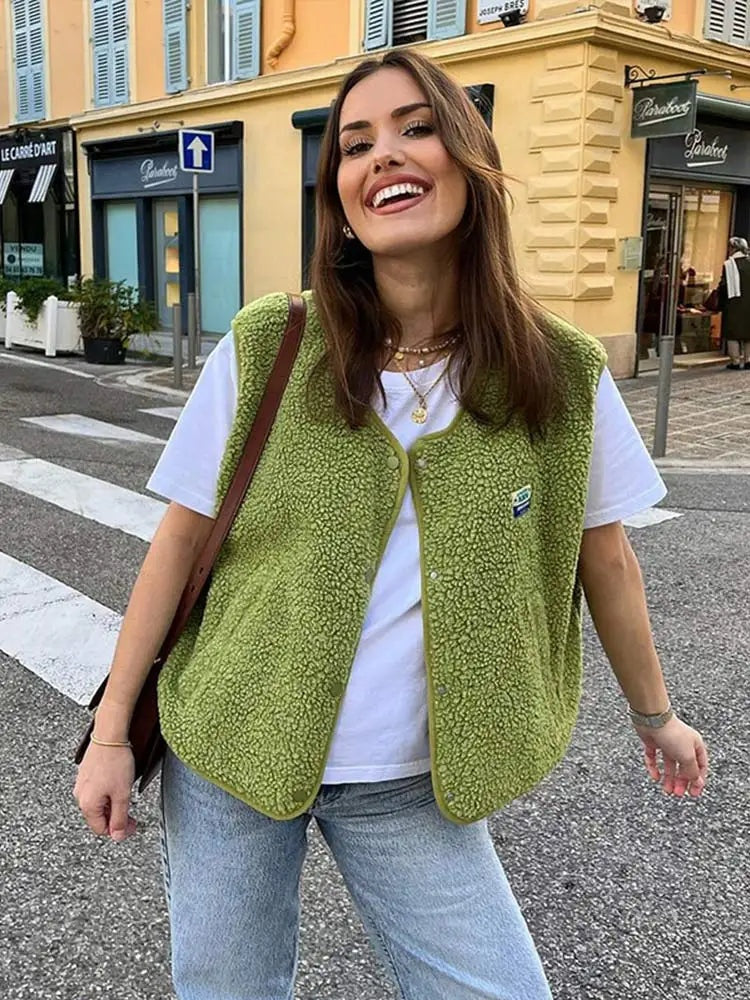 Valeria | Chaleco Borreguillo Mujer Cuello V Sin Mangas