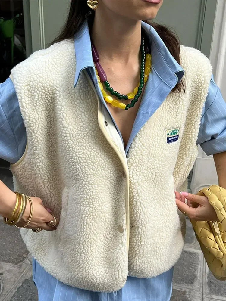 Valeria | Chaleco Borreguillo Mujer Cuello V Sin Mangas