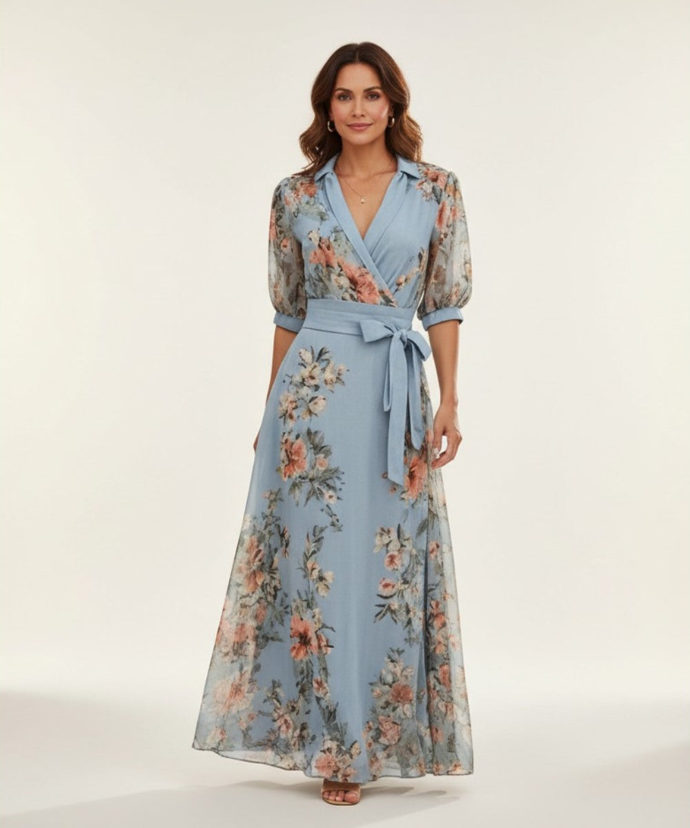 Vestido Largo Floral de Invitada con Manga Larga y Cinturón