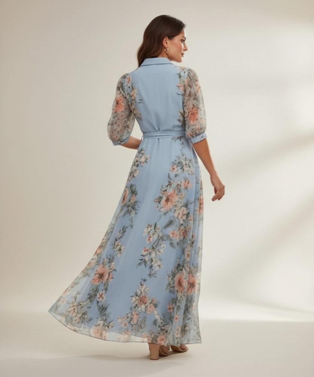 Vestido Largo Floral de Invitada con Manga Larga y Cinturón