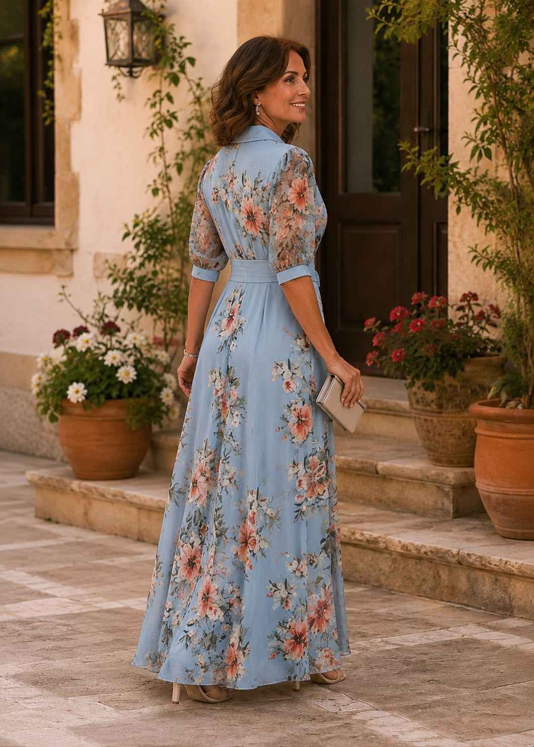 Vestido Largo Floral de Invitada con Manga Larga y Cinturón