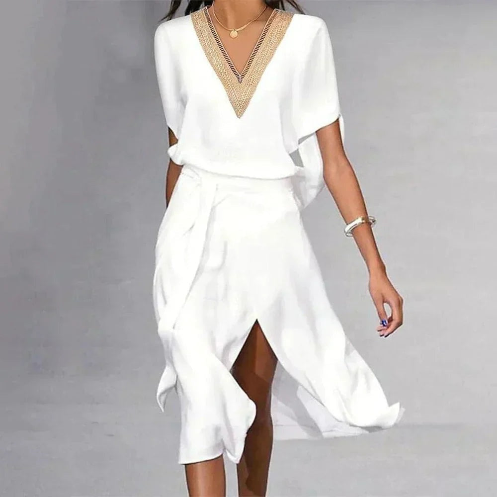 Vestido Midi Elegante Escote V y Abertura Lateral