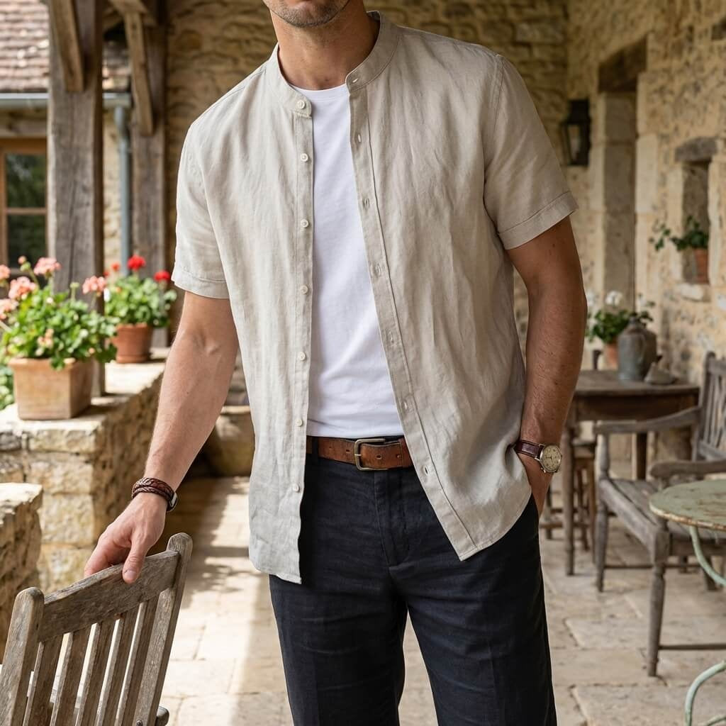 Mao Corto | Camisa de Lino de Manga Corta Hombre Cuello Mao
