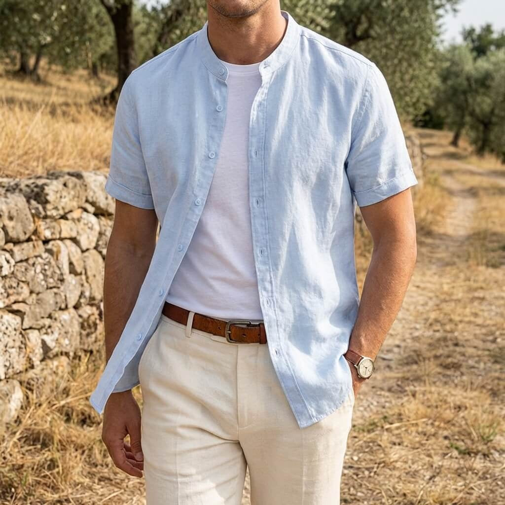 Mao Corto | Camisa de Lino de Manga Corta Hombre Cuello Mao