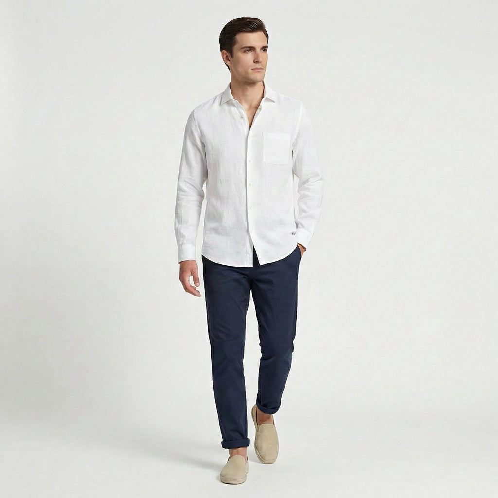 Bolsillo Pecho | Camisa de Lino Manga Larga Hombre Bolsillo Pecho