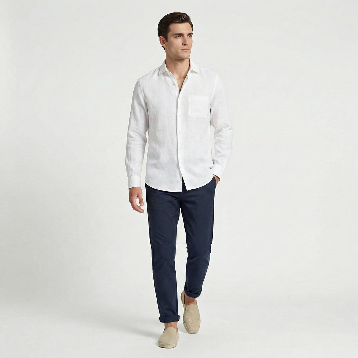 Bolsillo Pecho | Camisa de Lino Manga Larga Hombre Bolsillo Pecho