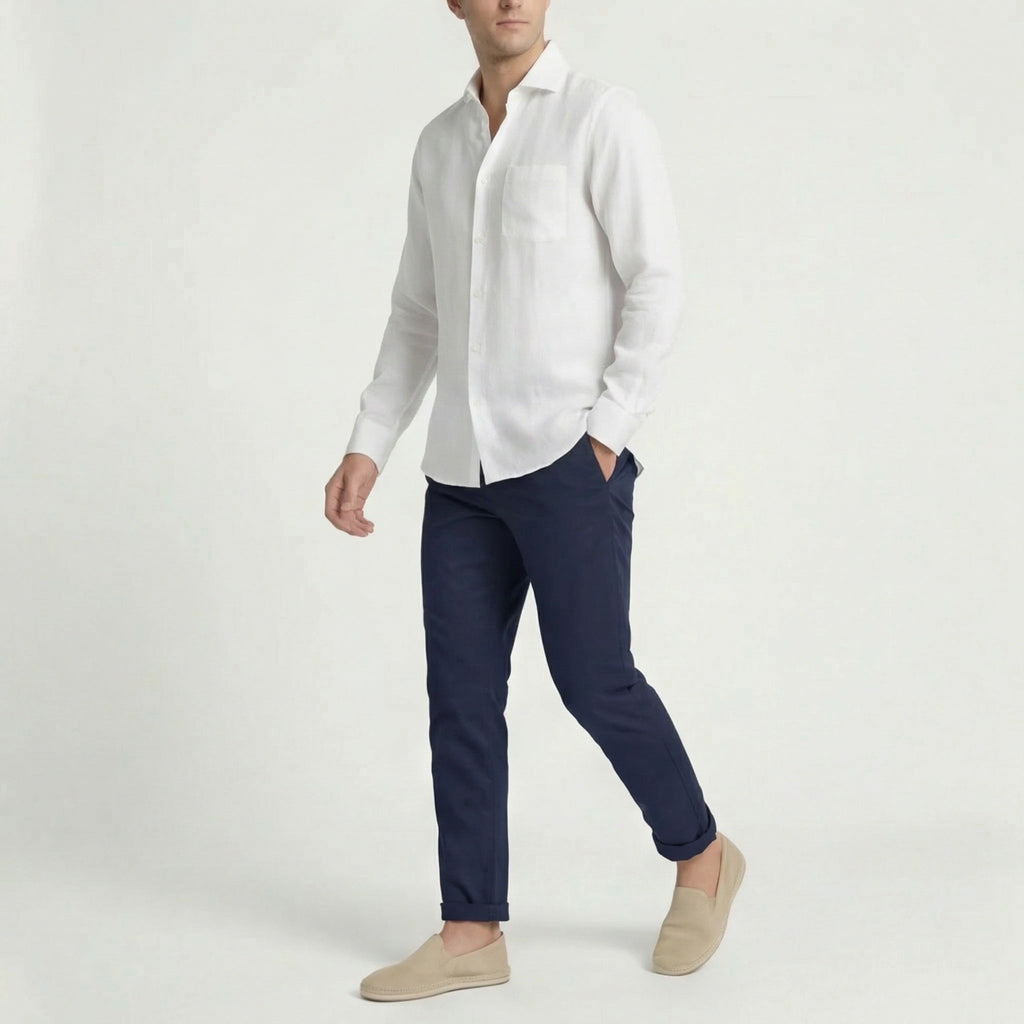 Bolsillo Pecho | Camisa de Lino Manga Larga Hombre Bolsillo Pecho