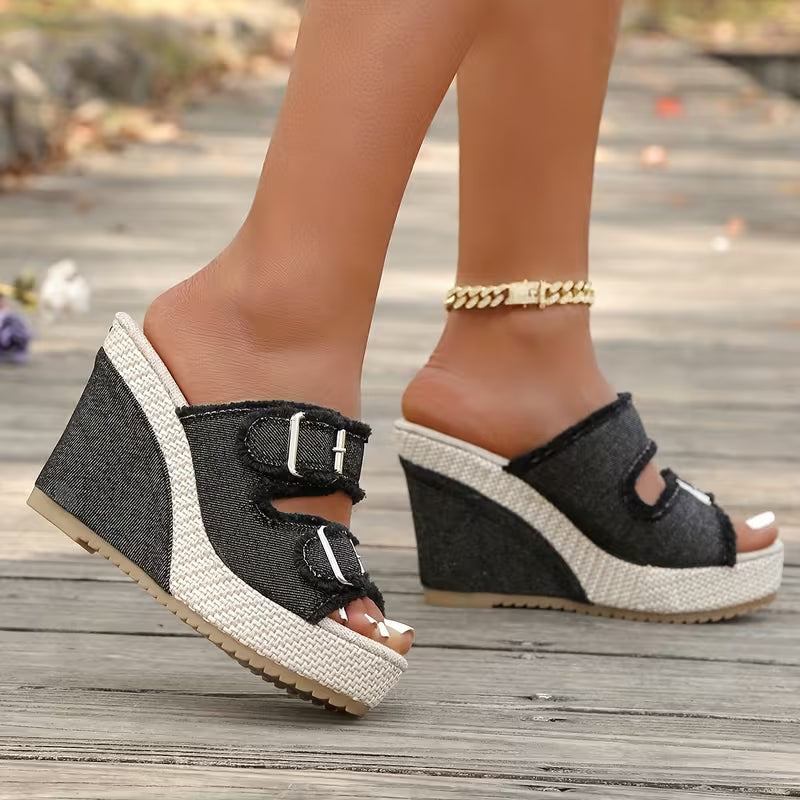 Sandalias de Cuña de Denim con Plataforma para Mujer