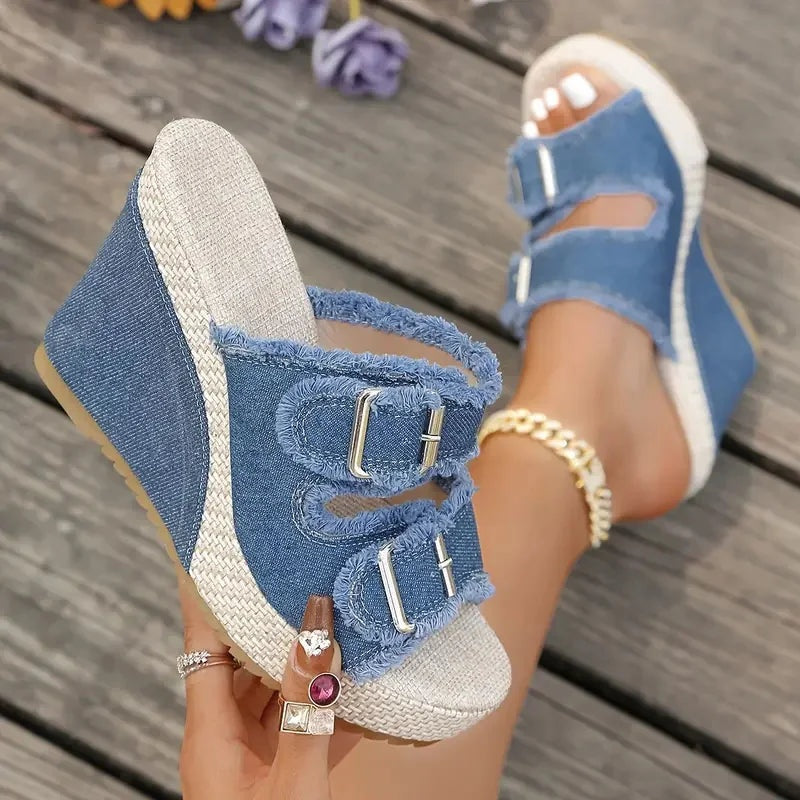 Sandalias de Cuña de Denim con Plataforma para Mujer