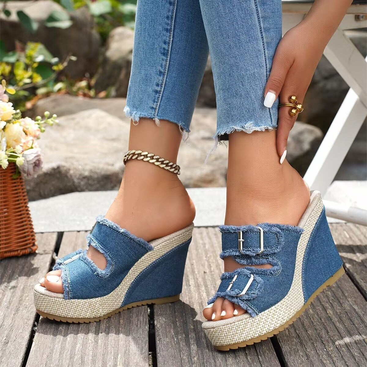 Sandalias de Cuña de Denim con Plataforma para Mujer