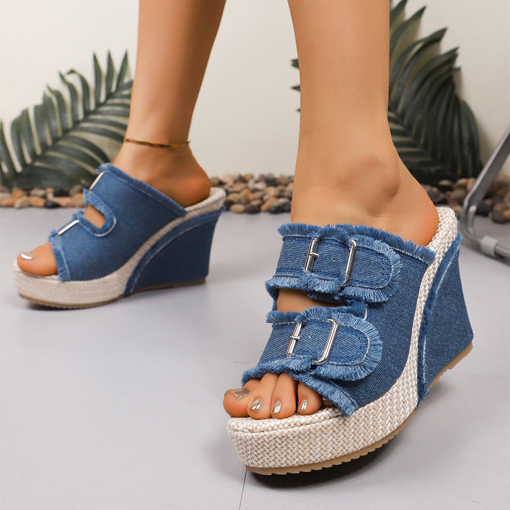 Sandalias de Cuña de Denim con Plataforma para Mujer