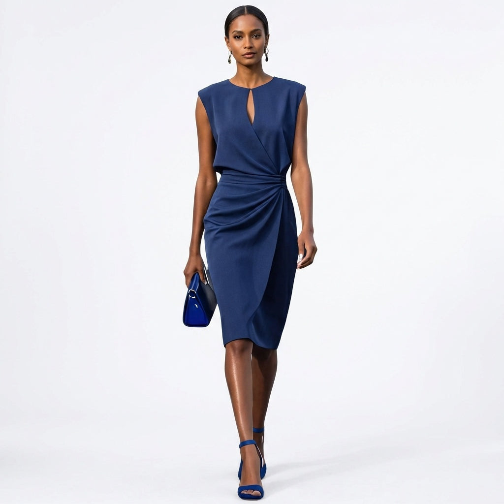 Vestido Drapeado de Cóctel Sin Mangas con Escote Keyhole