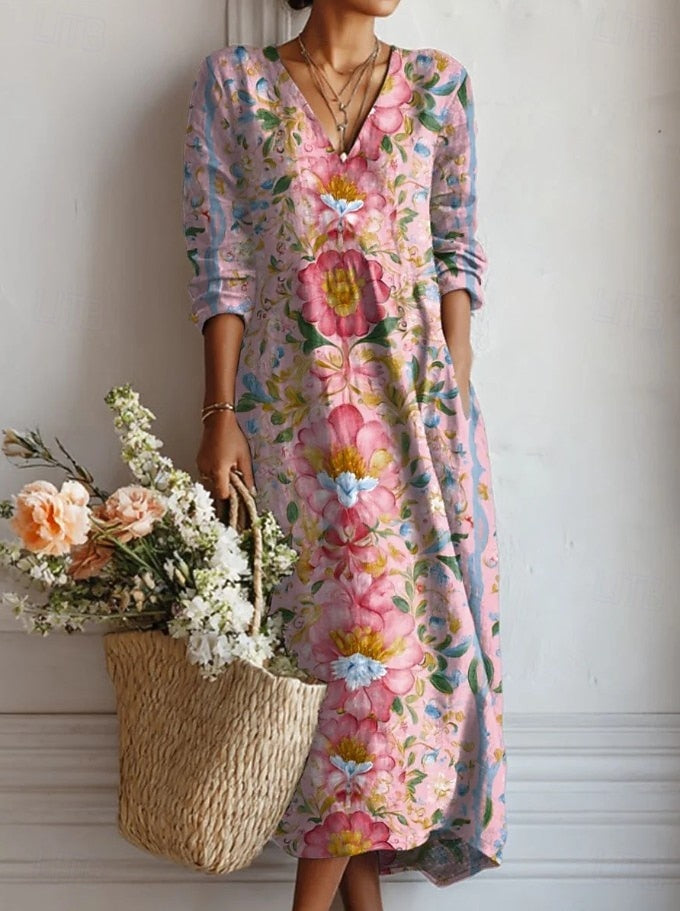 Vestido Boho de Lino Estampado Midi para Mujer