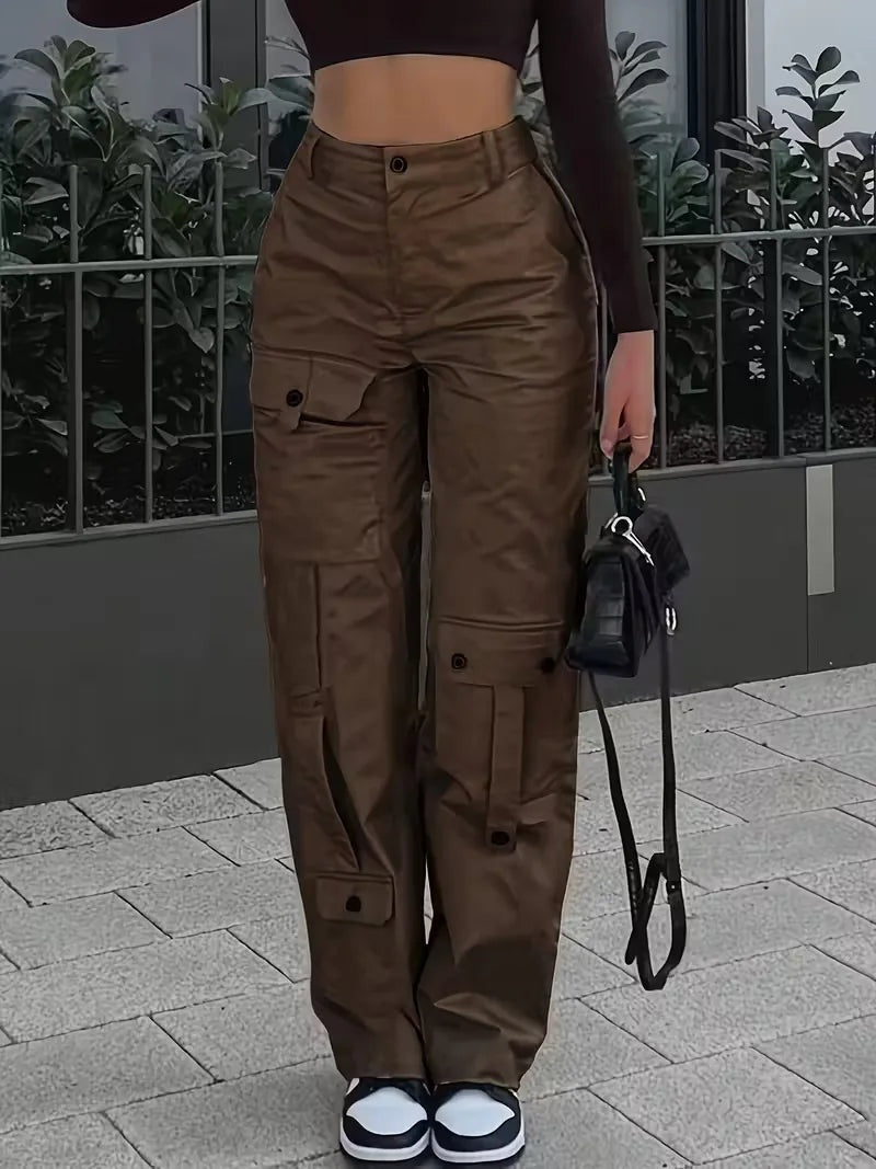 Naia Mujer Pantalón Cargo de Polipiel Cintura Alta