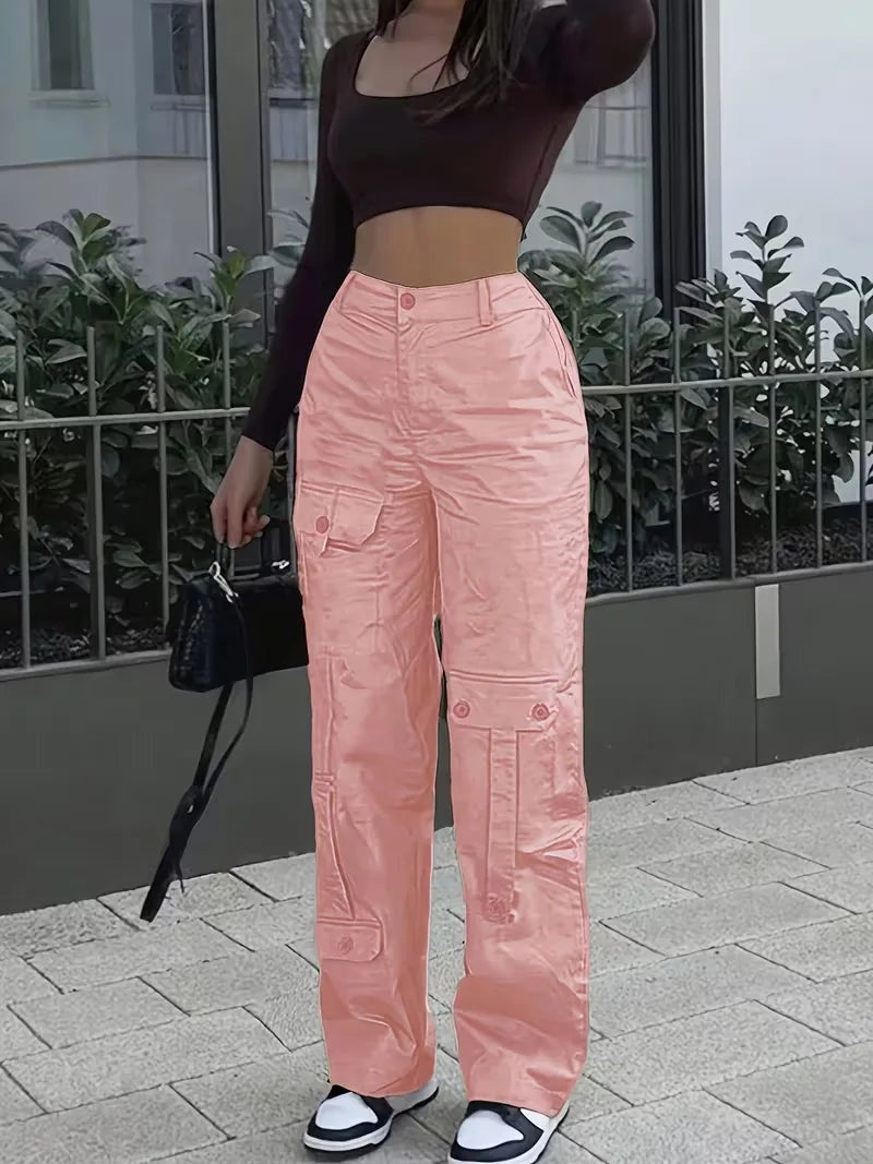 Naia Mujer Pantalón Cargo de Polipiel Cintura Alta