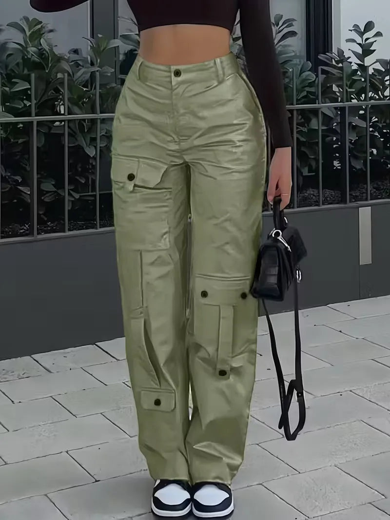 Naia Mujer Pantalón Cargo de Polipiel Cintura Alta