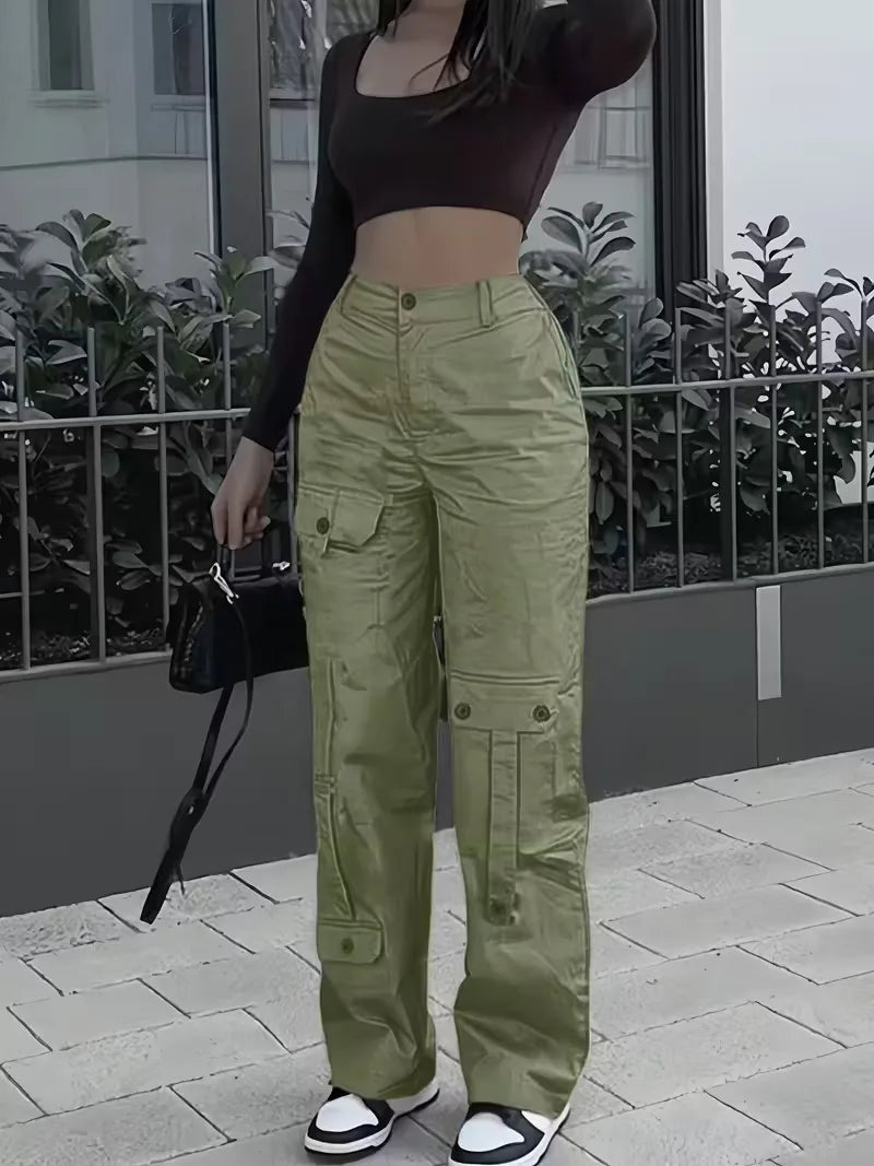 Naia Mujer Pantalón Cargo de Polipiel Cintura Alta