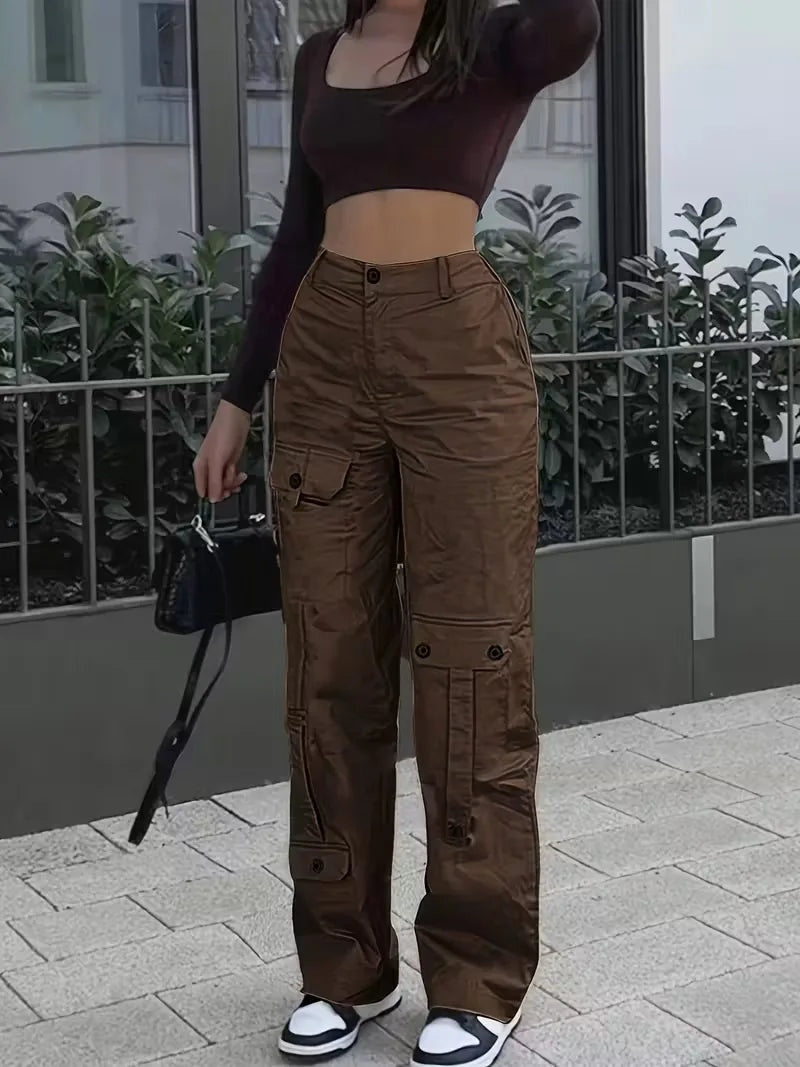Naia Mujer Pantalón Cargo de Polipiel Cintura Alta