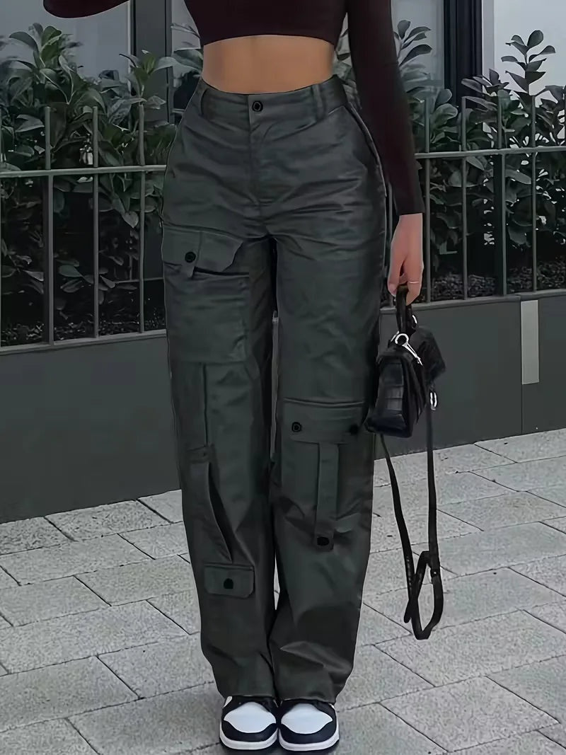 Naia Mujer Pantalón Cargo de Polipiel Cintura Alta