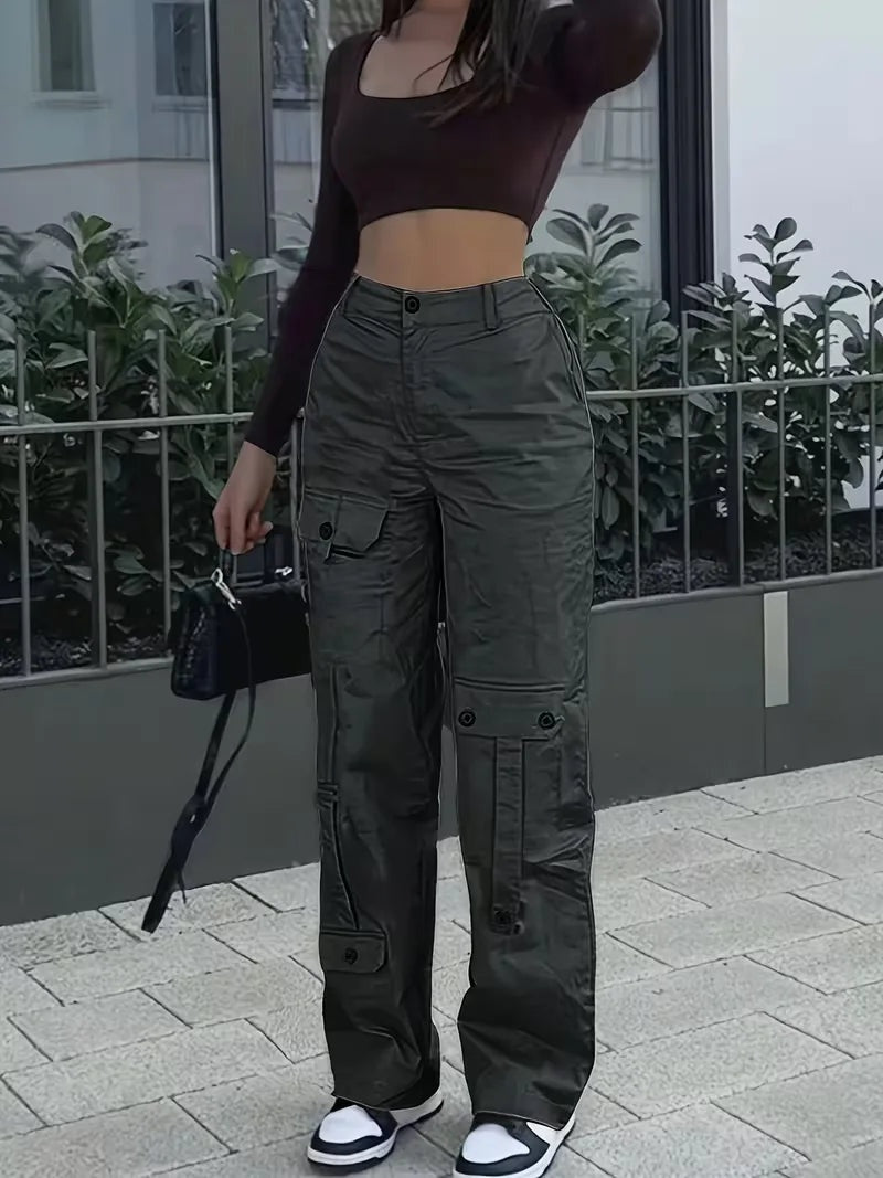 Naia Mujer Pantalón Cargo de Polipiel Cintura Alta