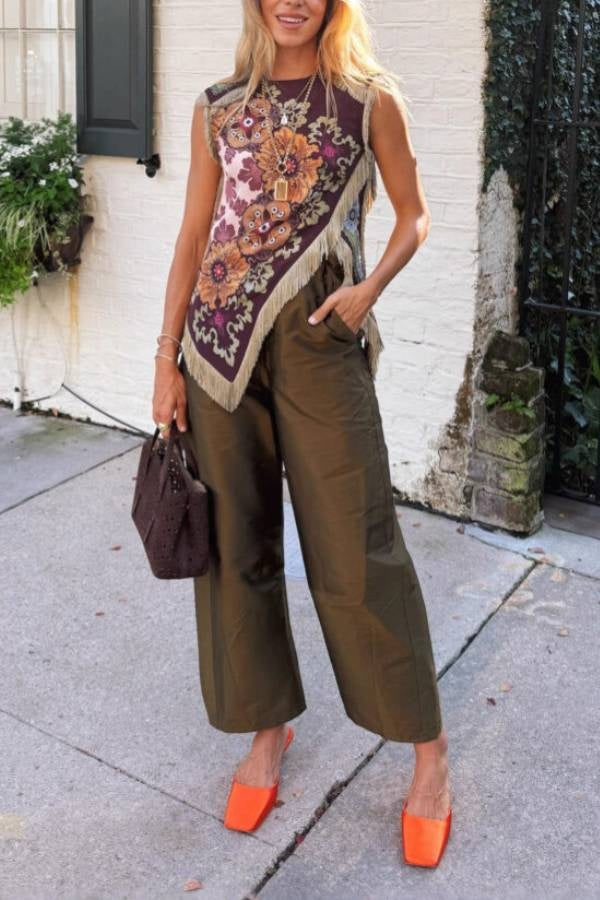 Fleco Salvaje | Top Asimétrico Estampado Floral Mujer Sin Mangas Flecos