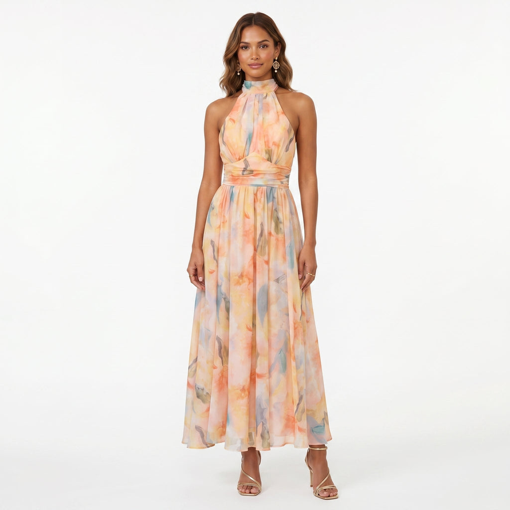 Vestido de Invitada de Boda Estampado Cuello Halter