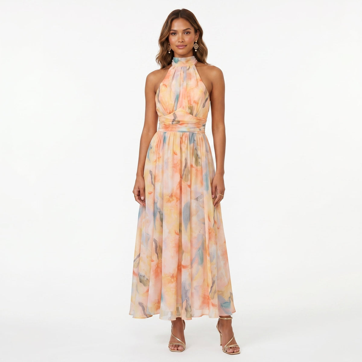 Vestido de Invitada de Boda Estampado Cuello Halter