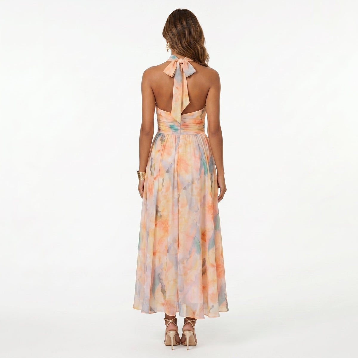 Vestido de Invitada de Boda Estampado Cuello Halter
