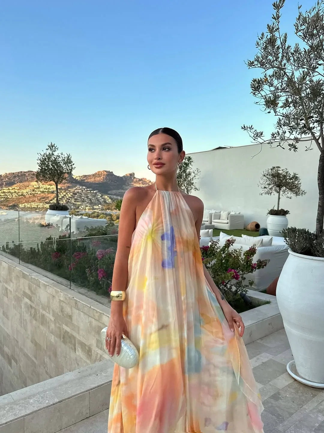 Vestido Largo Lencero Halter Estampado Acuarela