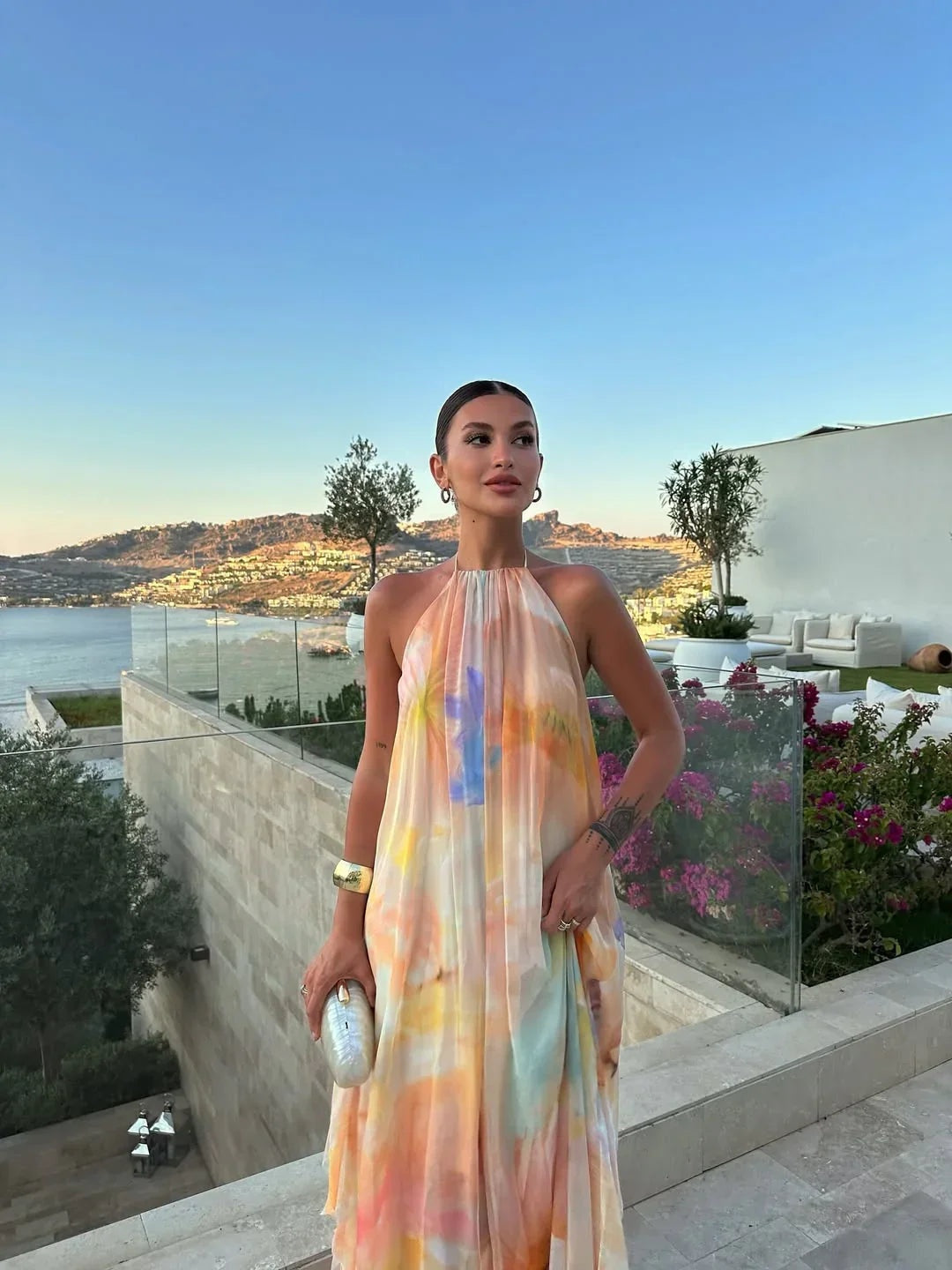 Vestido Largo Lencero Halter Estampado Acuarela