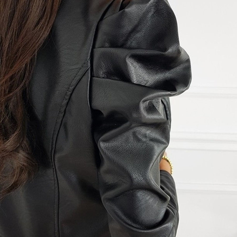 Chaqueta Biker de Cuero Corta Manga Abullonada para Mujer