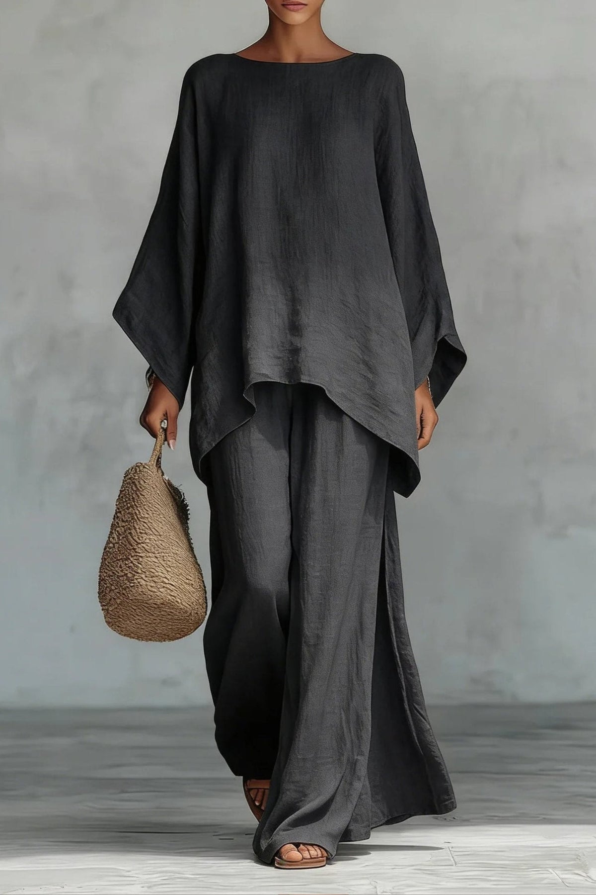 Conjunto de Lino Manga Murciélago y Pantalón Pierna Ancha