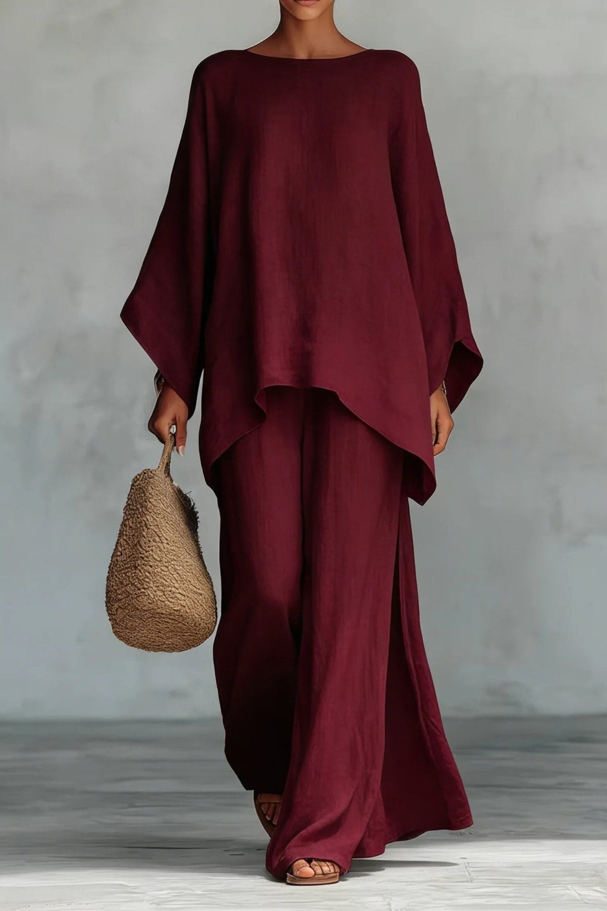Conjunto de Lino Manga Murciélago y Pantalón Pierna Ancha