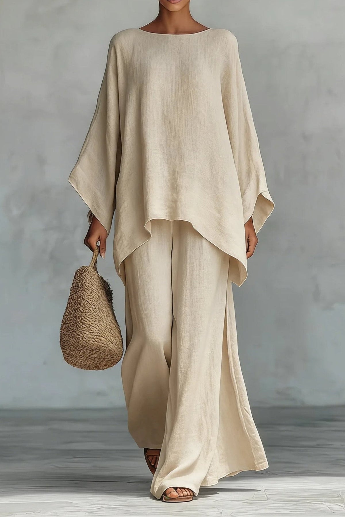 Conjunto de Lino Manga Murciélago y Pantalón Pierna Ancha