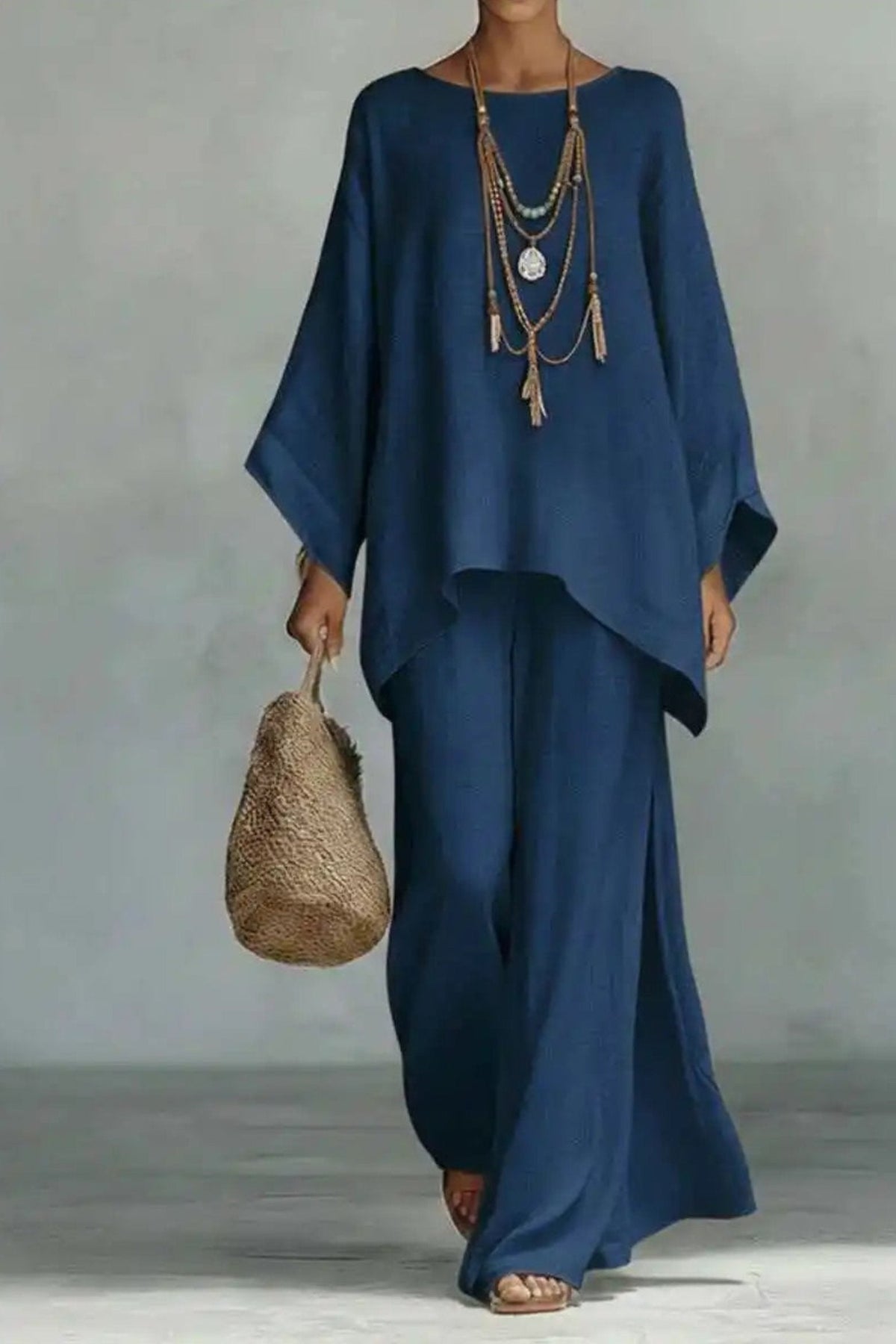 Conjunto de Lino Manga Murciélago y Pantalón Pierna Ancha