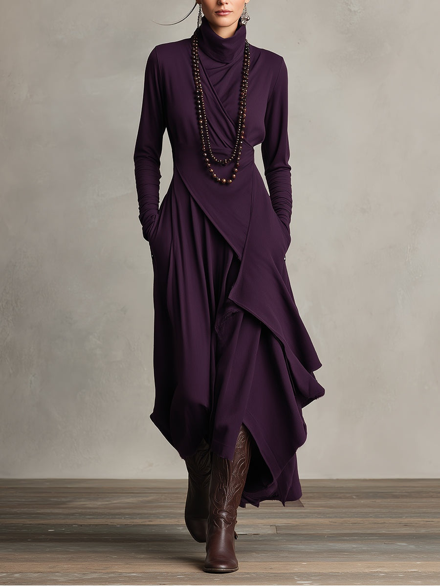 Vestido Largo de Invitada de Invierno Drapeado con Cuello Alto