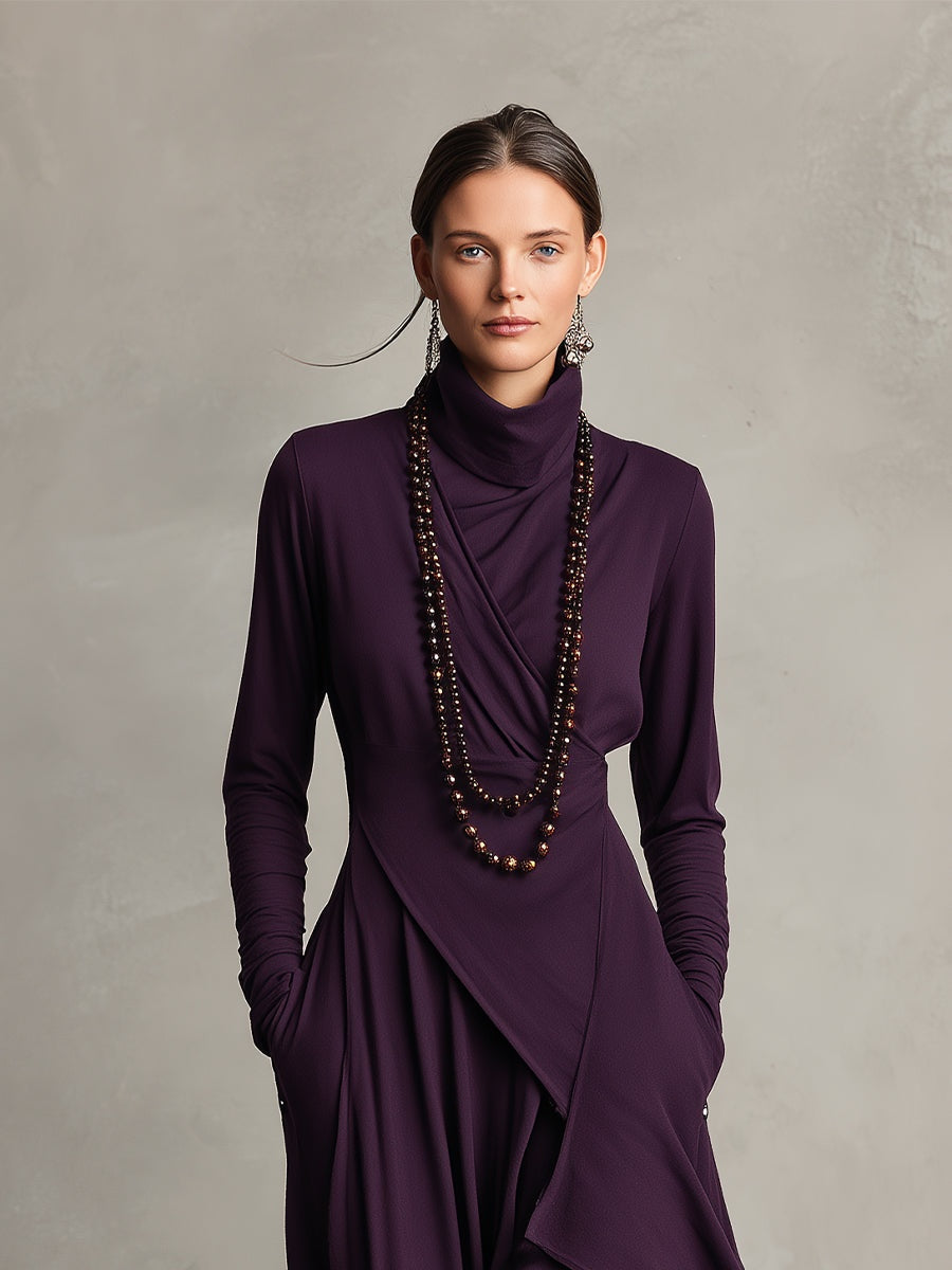 Vestido Largo de Invitada de Invierno Drapeado con Cuello Alto