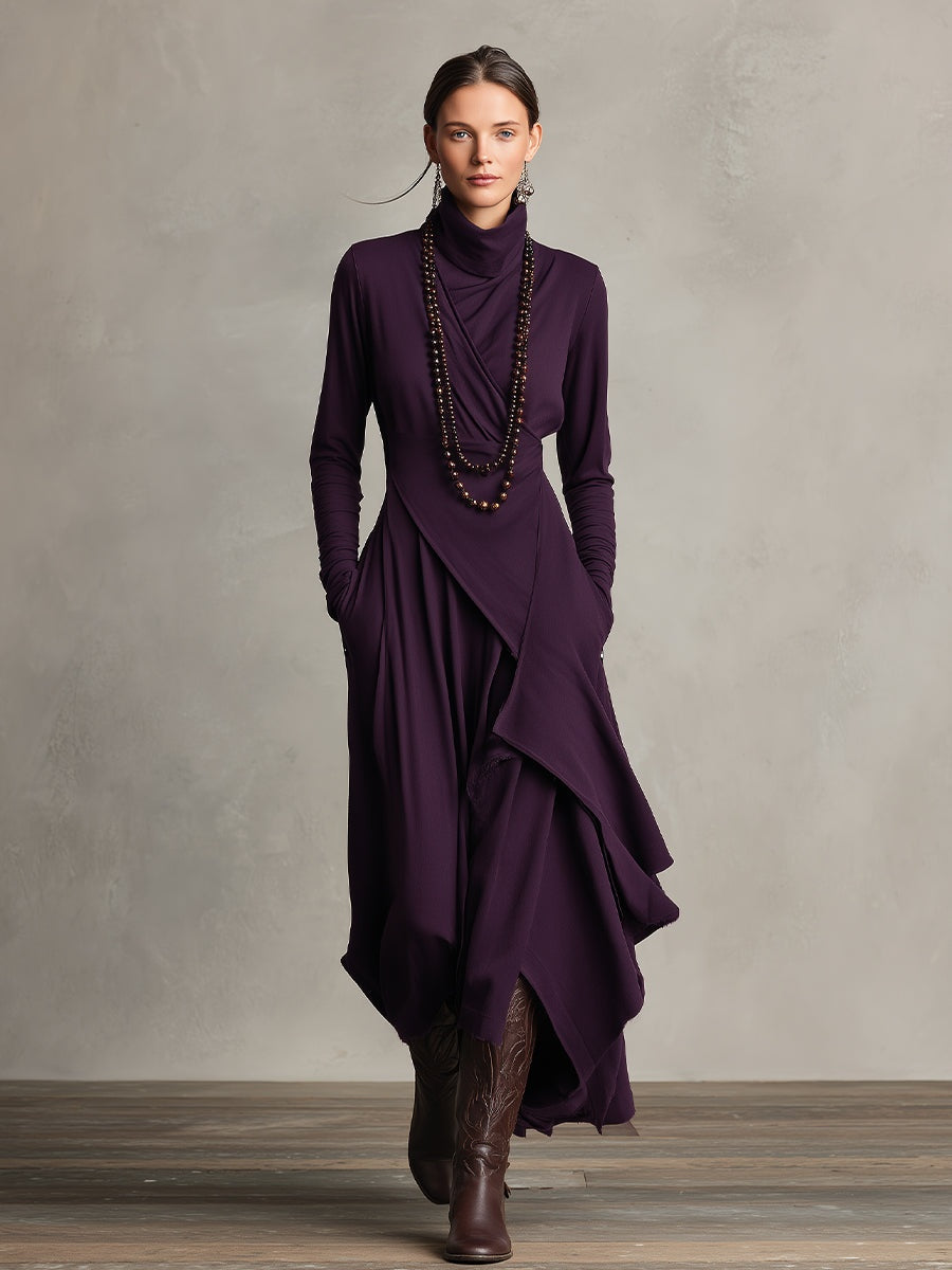 Vestido Largo de Invitada de Invierno Drapeado con Cuello Alto