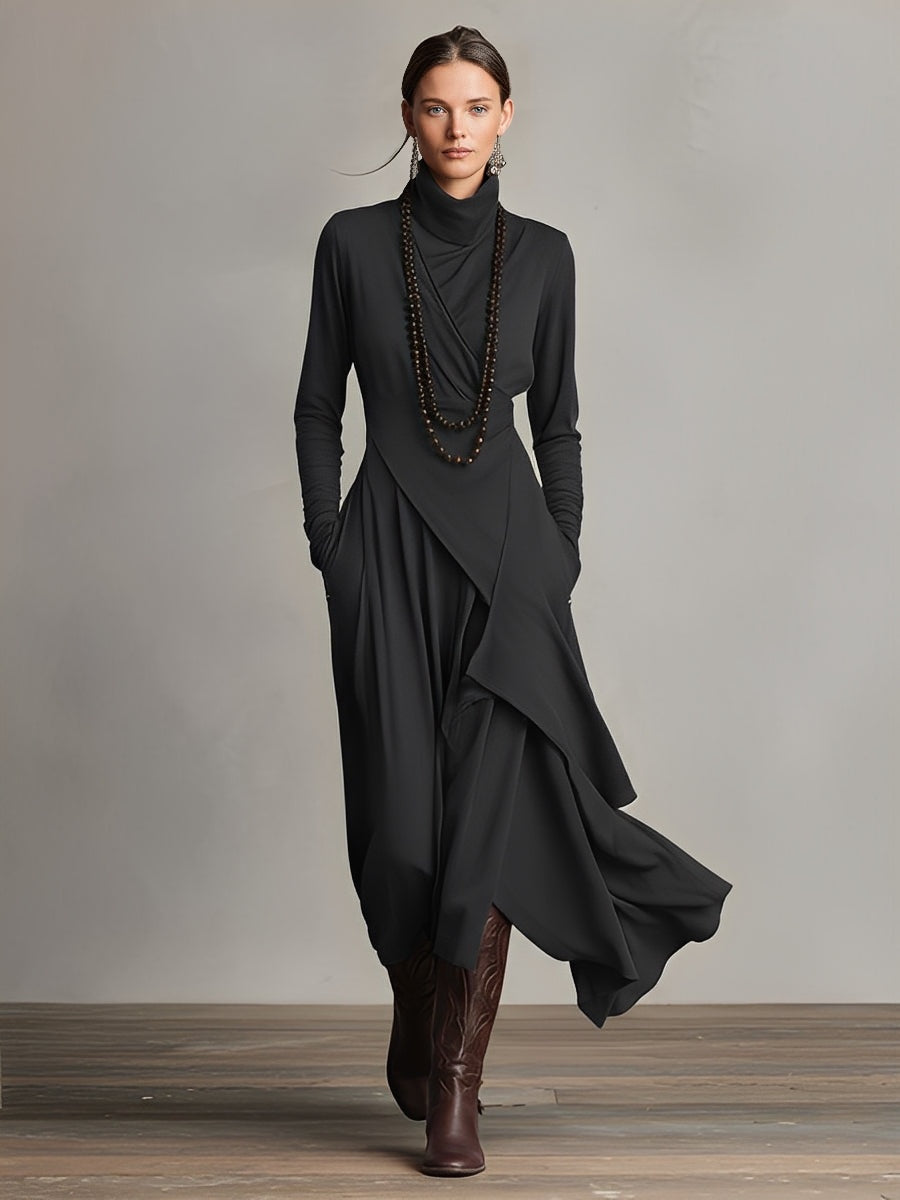 Vestido Largo de Invitada de Invierno Drapeado con Cuello Alto