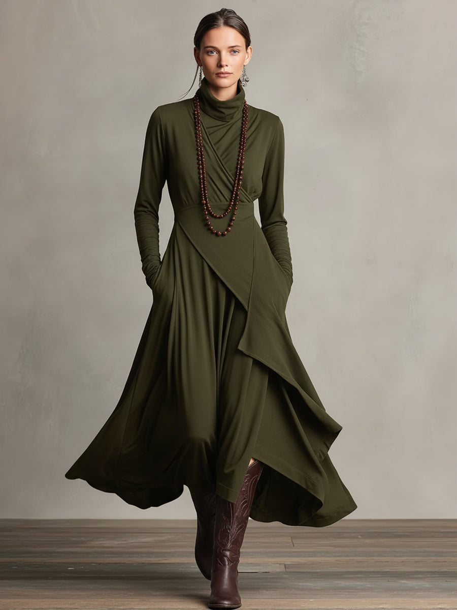 Vestido Largo de Invitada de Invierno Drapeado con Cuello Alto